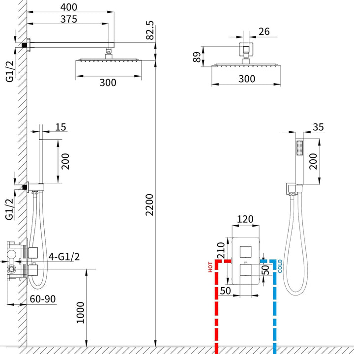 HOMELODY Regendusche Duschsystem mit Thermostat Unterputz Duscharmatur Eckig, Duschamaturenset Chrom