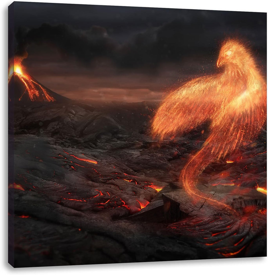 Pixxprint Brennender Phönix Vulkanlandschaft, Format: 70x70 auf Leinwand, 70x70