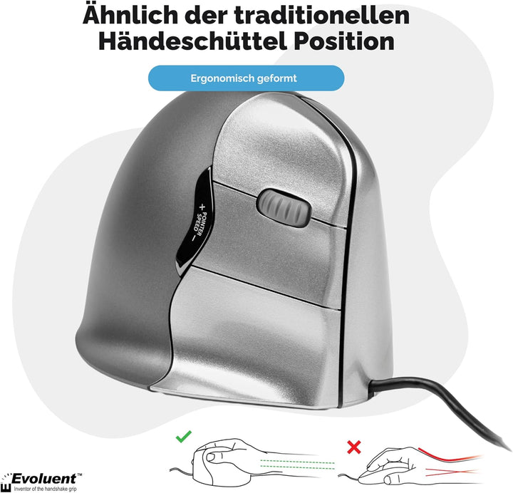 Evoluent VM4R Vertical Mouse 4 Maus für Rechtshänder, Schwarz, Grau Single, Single