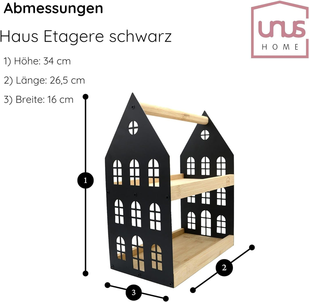 UNUS Haus-Etagere mit 2 Etagen und Griff, Holz-Etagere Serviertablett Holztablett Bambusholz Metall