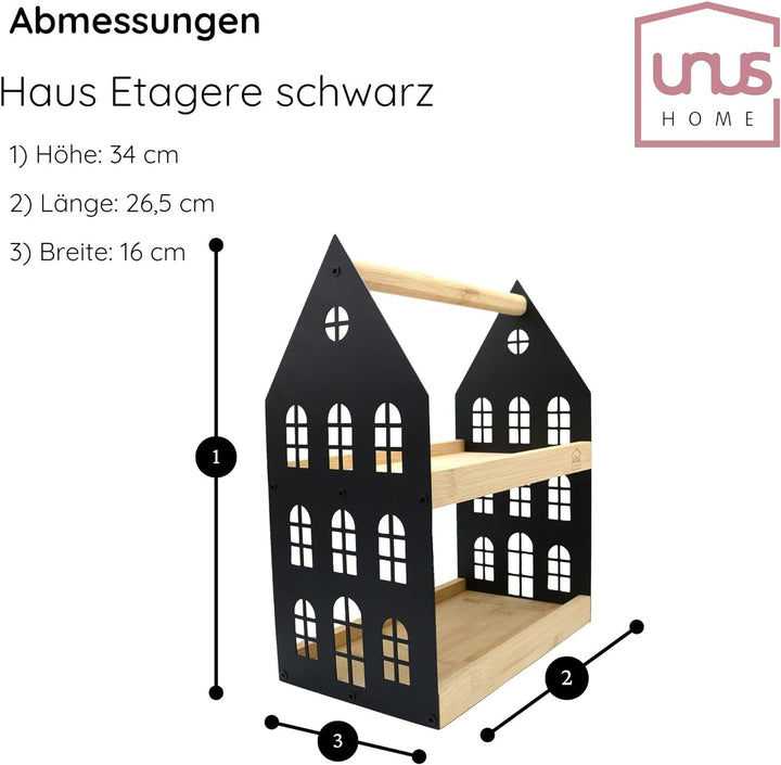UNUS Haus-Etagere mit 2 Etagen und Griff, Holz-Etagere Serviertablett Holztablett Bambusholz Metall