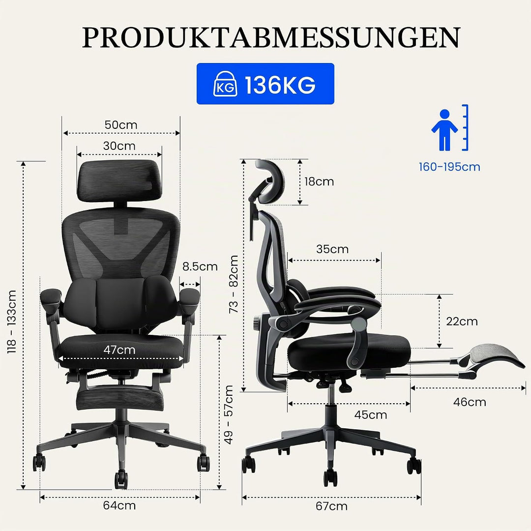 FLEXISPOT Ergonomischer Bürostuhl mit Fussstütze, X-förmiger Schreibtischstuhl mit 135°-Neigung, Gek