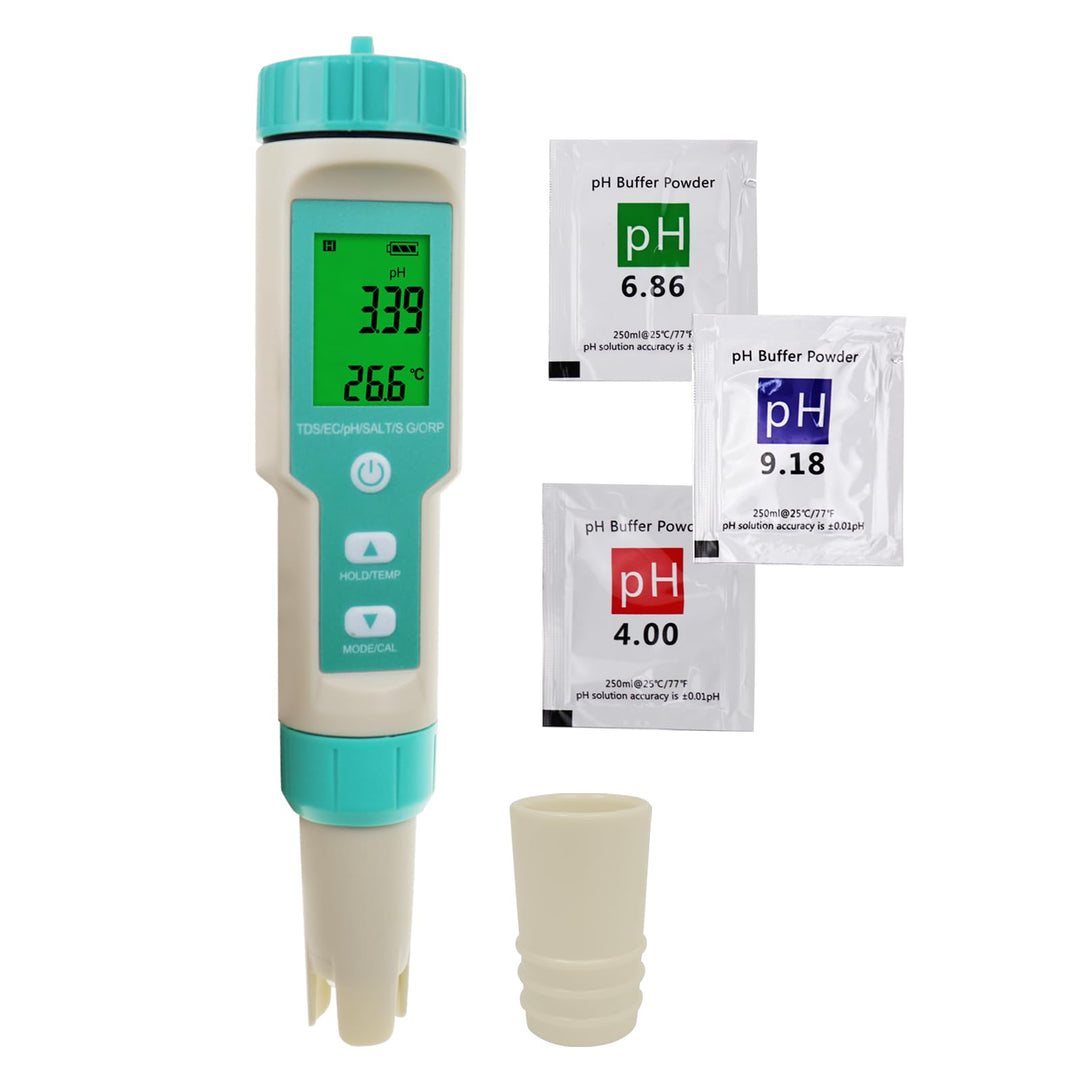 pH-Meter für Wasser: Digitaler 7-in-1-Wassertester mit pH-, TDS-, EC-, ORP-, Salz-, S.G- und Tempera