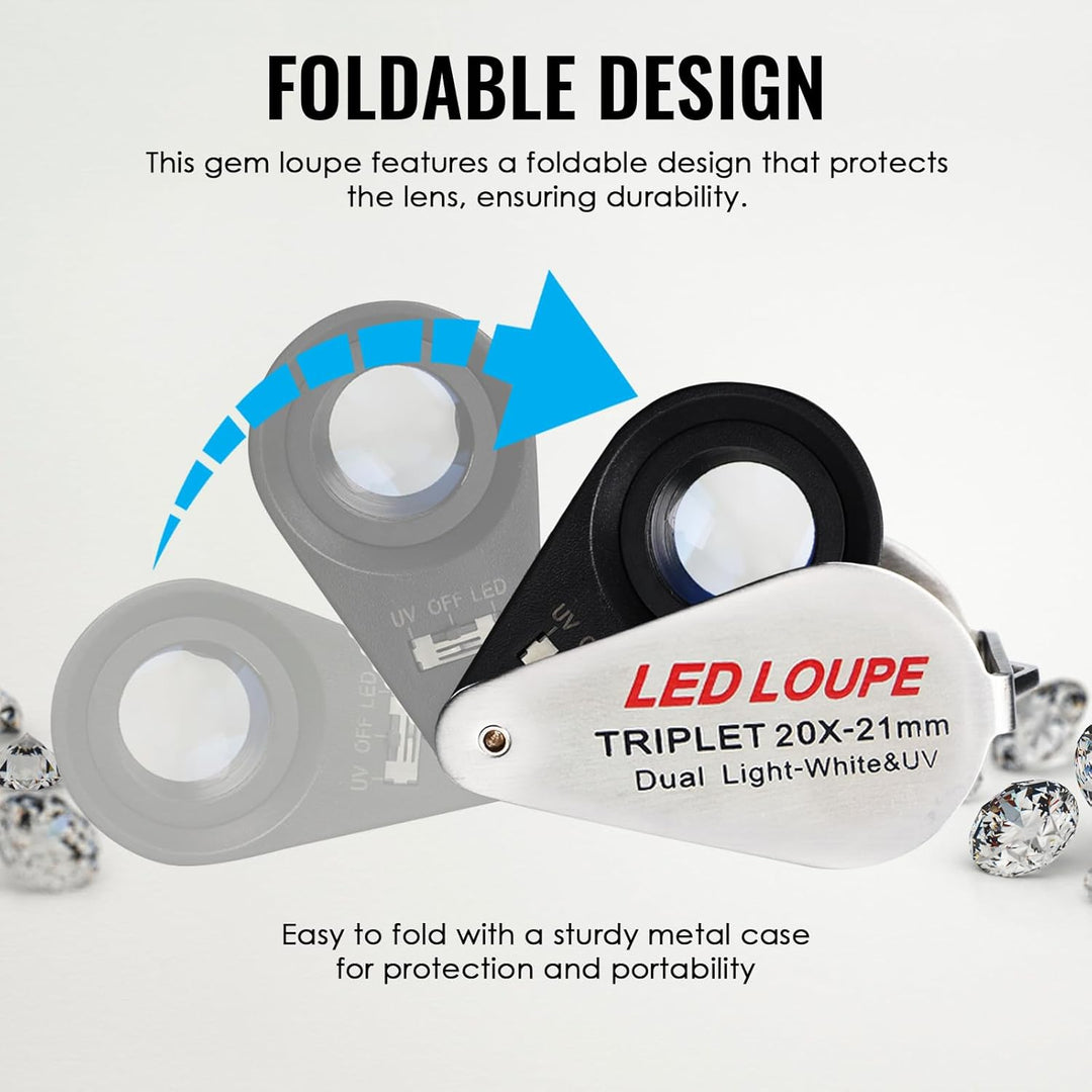 10x faltbare und beleuchtete Lupe für Juweliere. 21mm UV und LED Licht für Steine Briefmarken Münzen