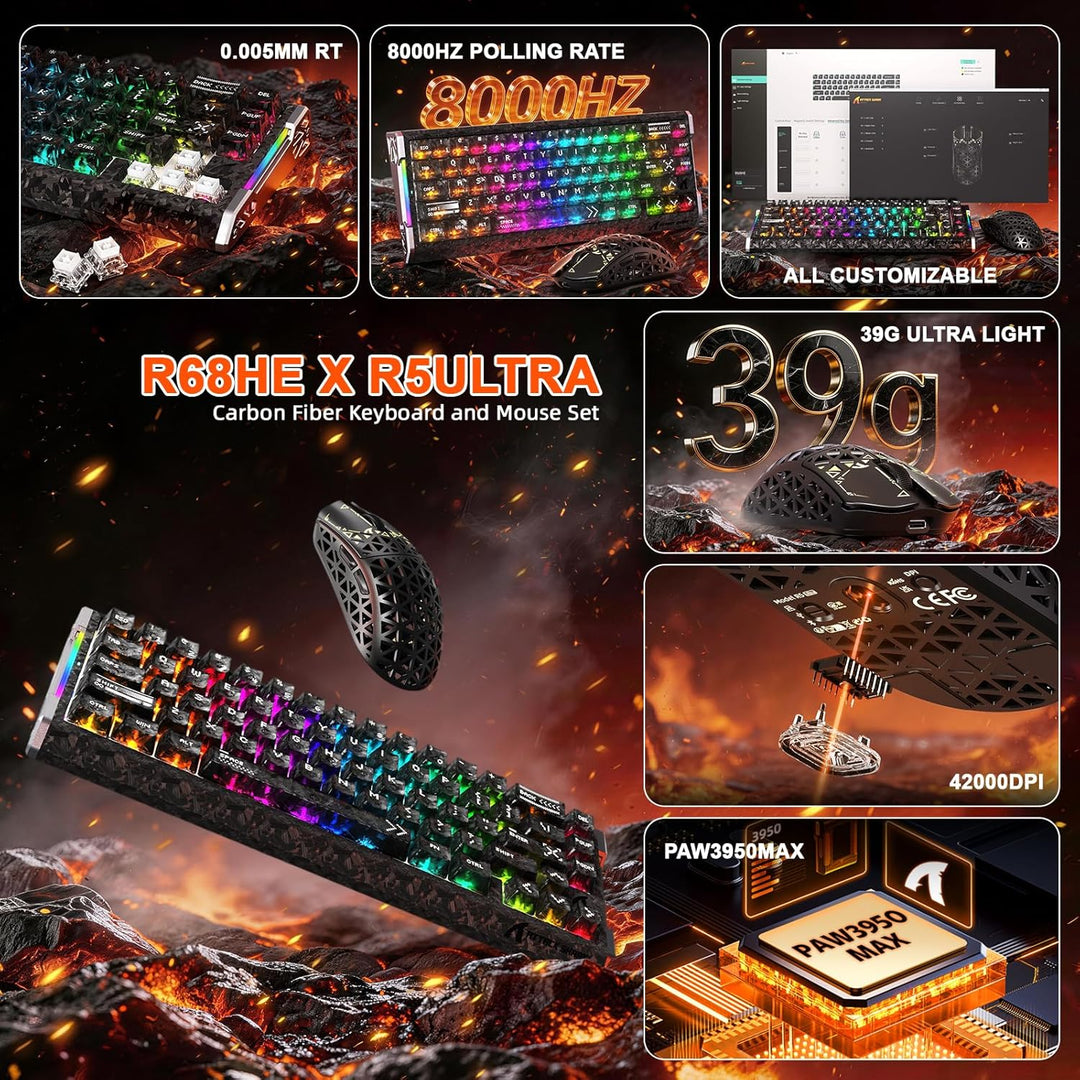 ATTACK SHARK R68HE 8kHz Forged Carbon& Rapid Trigger Magnetisch Kabelgebunden Gaming-Tastatur+R5Ultr