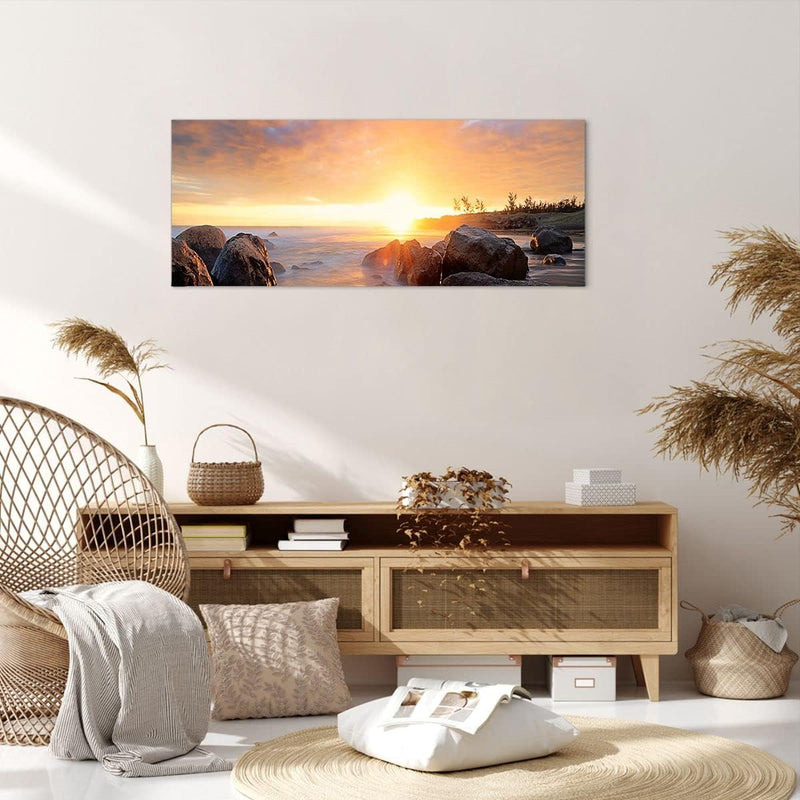 Wandbilder Dekoration Wohnzimmer Meer Strand Felsen Panorama Bilder auf Leinwand 120x50cm Leinwandbi