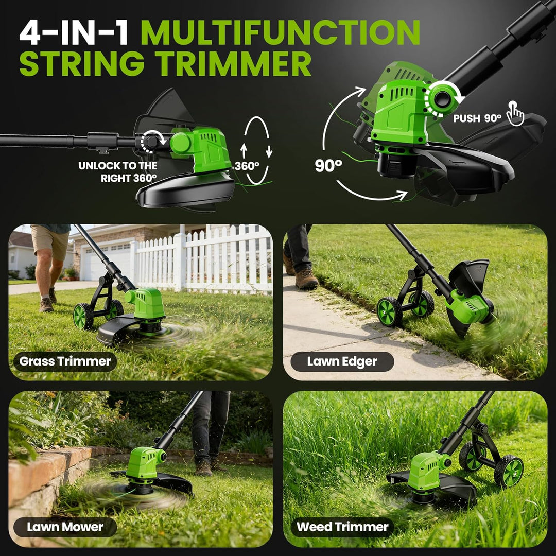 14 Zoll Rasentrimmer mit Akku und Rad,21V Akku-Rasentrimmer mit 2 * 3000 mAh Batterie und Ladegerät,