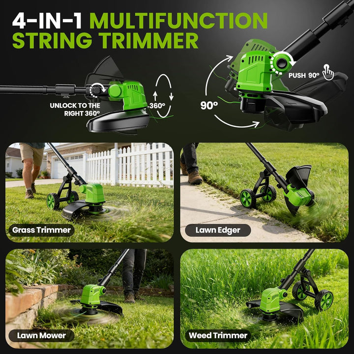 14 Zoll Rasentrimmer mit Akku und Rad,21V Akku-Rasentrimmer mit 2 * 3000 mAh Batterie und Ladegerät,