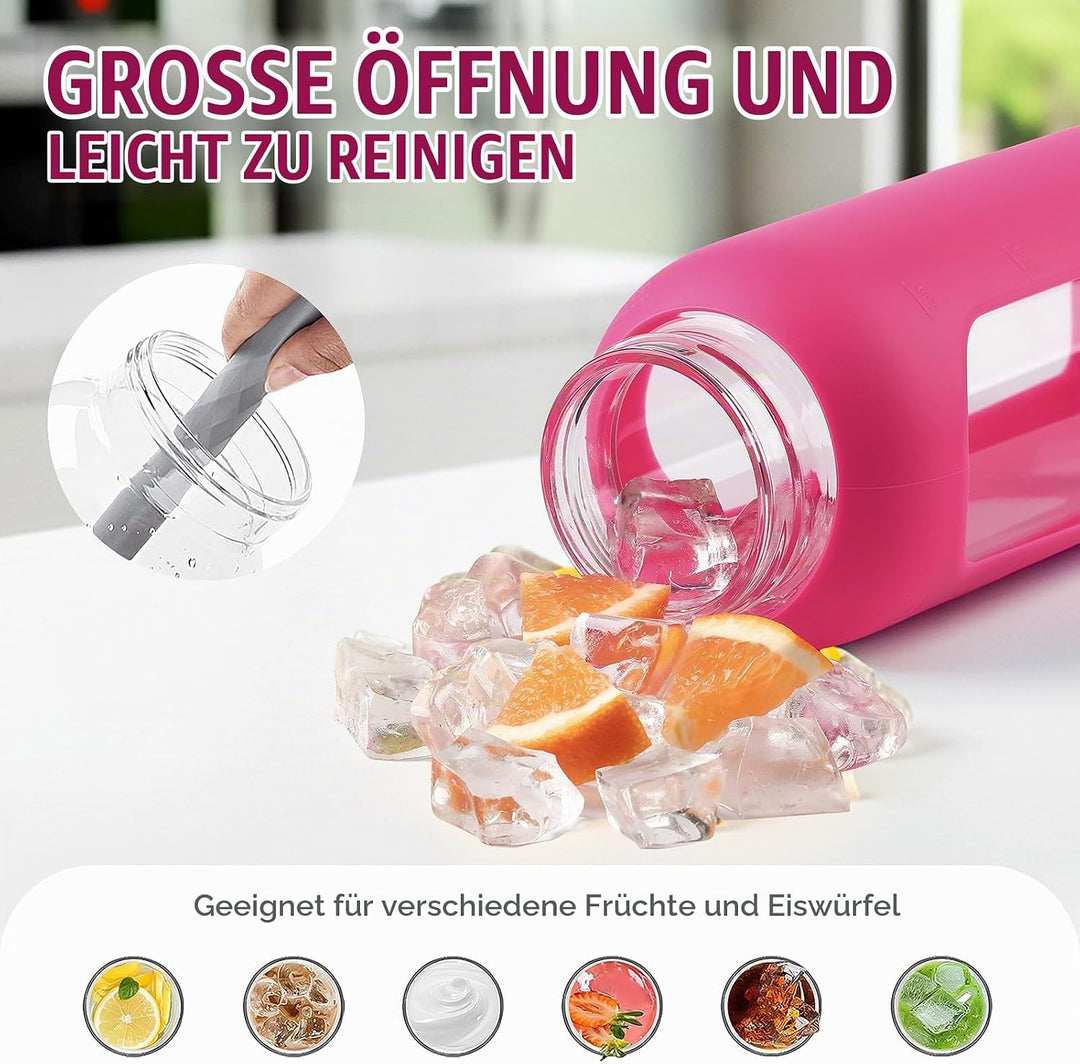 BLUEGO 600ml Glas Wasserflasche mit 2 Deckeln- One-Touch Verschlussdeckel und Griffdeckel Wiederverw