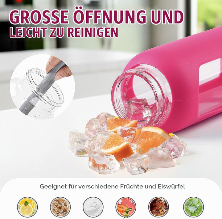 BLUEGO 600ml Glas Wasserflasche mit 2 Deckeln- One-Touch Verschlussdeckel und Griffdeckel Wiederverw