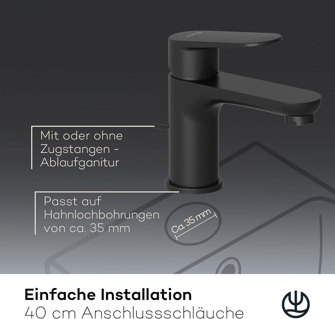 KLUDI-X1 Waschtischarmatur, Auslaufhöhe 95 mm, wassersparender Wasserhahn Bad Schwarz Matt Grösse M,