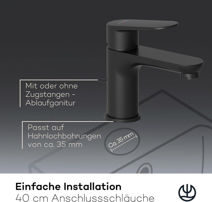 KLUDI-X1 Waschtischarmatur, Auslaufhöhe 95 mm, wassersparender Wasserhahn Bad Schwarz Matt Grösse M,