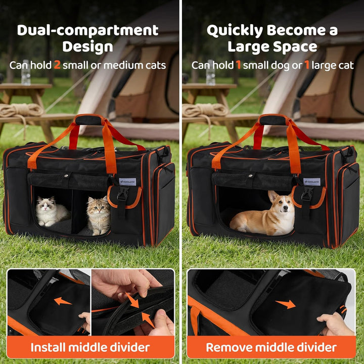 Odoland Katzentransportbox für 2 grosse Katzen 60×38×35cm - Faltbar Erweiterbarer Transporttasche Ka