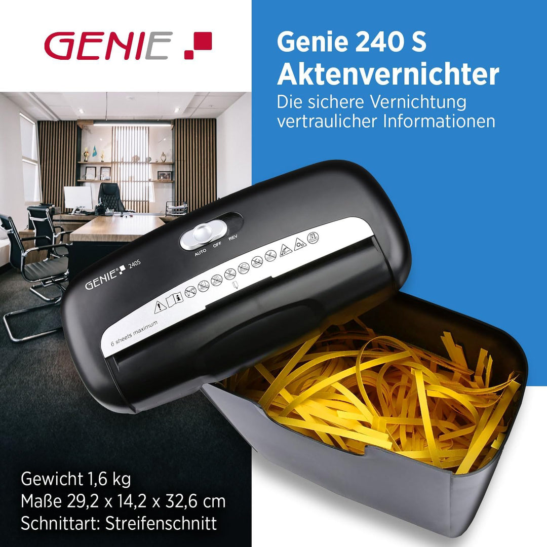 Genie 240S Profi Aktenvernichter Streifenschnitt | Aktenschredder bis zu 6 Blatt | Sicherheitsstufe