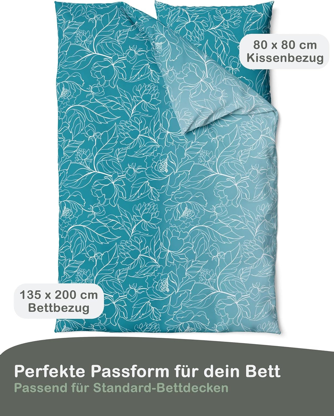 Biber Bettwäsche Set 2tlg 135 x 200cm - Winterbettwäsche Blumen Ranken-Motiv in Türkis Weiss - Fein-