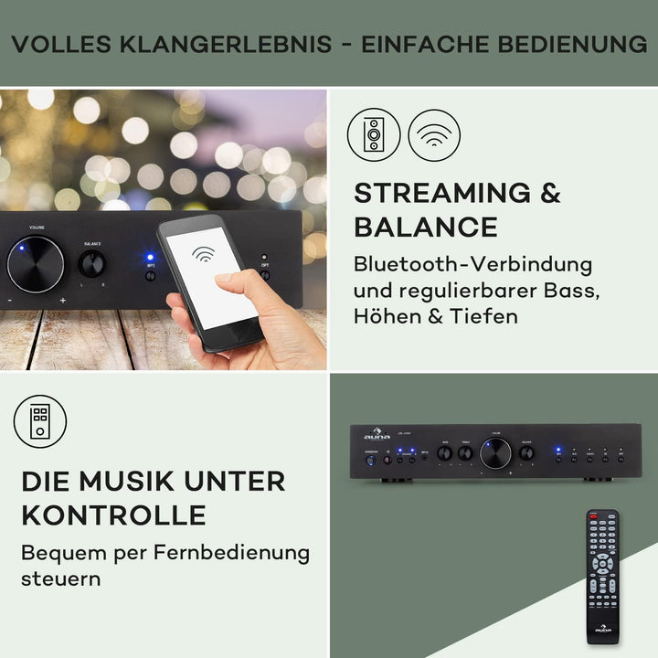 Auna Verstärker, HiFi Stereo Mini Verstärker, HiFi-Verstärker mit Bass & Treble Regler, 2 Kanal Audi