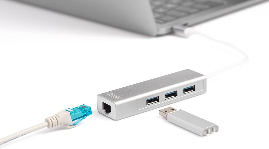 DIGITUS USB 3.0 Typ C 3-Port Hub mit Gigabit Ethernet Adapter, 3x USB A, 1x RJ45 LAN, Silber USB 3.0