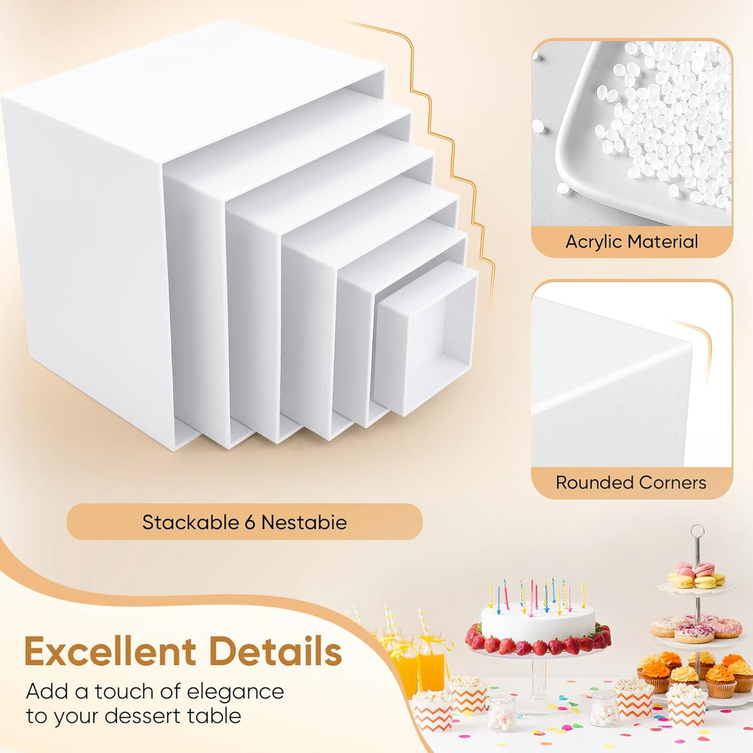 Acryl Buffet Ständer Set, 6 Stück, Weiss, 7,5-20 cm Höhe, Dessert Präsentationsständer für Catering