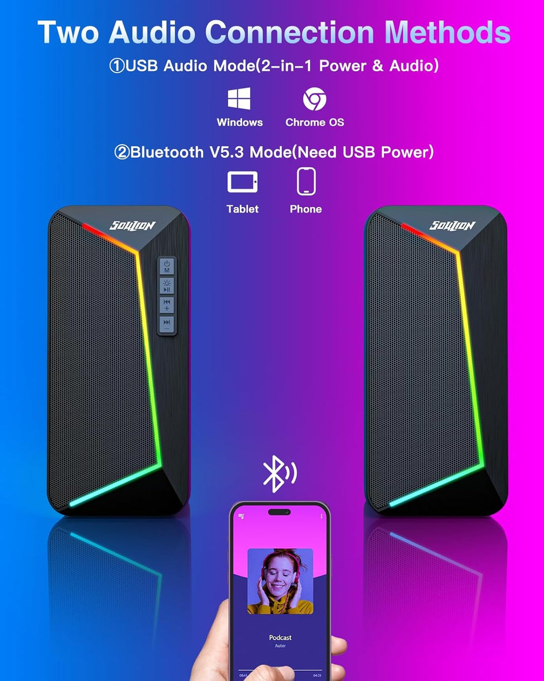 SOULION R40 Computer Lautsprecher, 2.0 USB-betriebene PC Lautsprecher, RGB Beleuchtung Lautsprecher