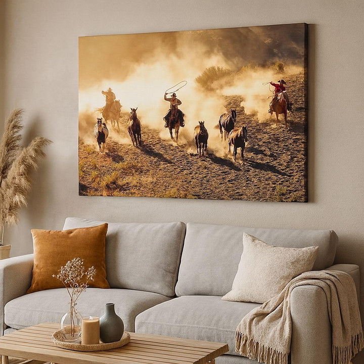 ARTTOR Bilder auf Leinwand 100x70cm Leinwandbild Cowboys Pferde Galopp Gross Wanddeko Bild Schlafzim
