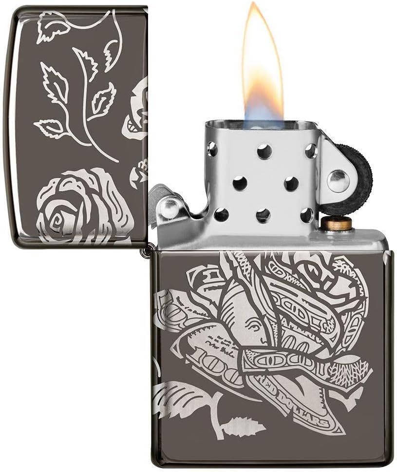 Zippo 49156 – Currency Design - Black Ice - 360° Laser Gravur - Sturmfeuerzeug, nachfüllbar, in hoch