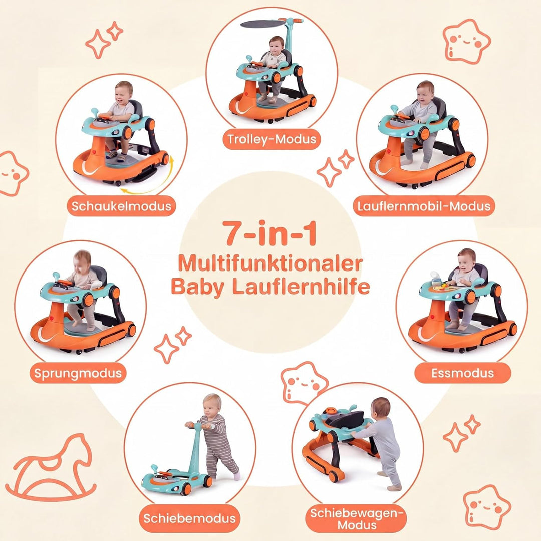 COSTWAY 7 in 1 Lauflernhilfe mit Verdeck, Lauflerwagen mit einstellbarer Höhe & Geschwindigkeit, Bab