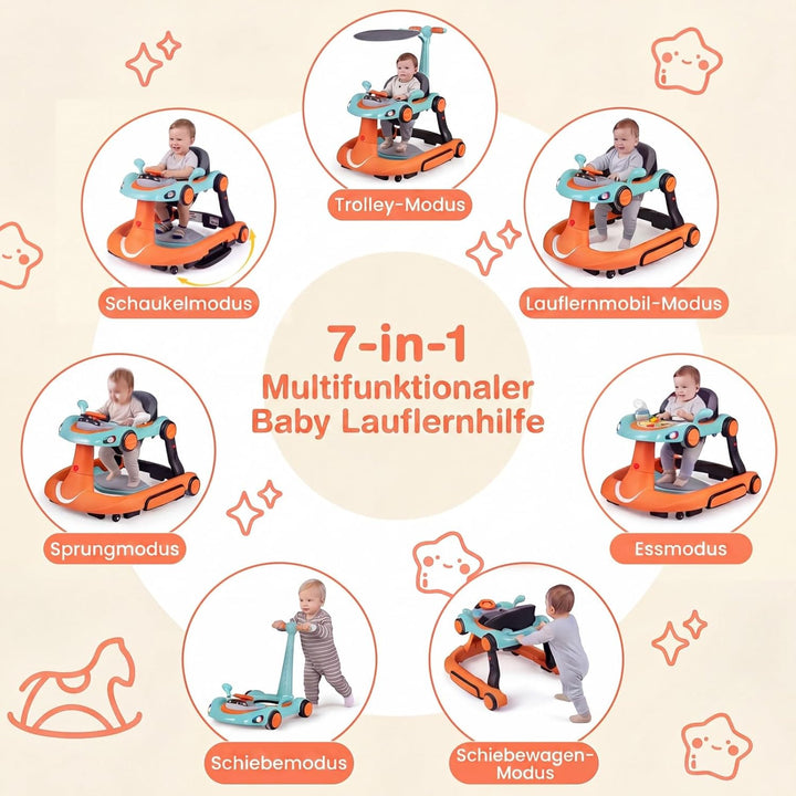 COSTWAY 7 in 1 Lauflernhilfe mit Verdeck, Lauflerwagen mit einstellbarer Höhe & Geschwindigkeit, Bab