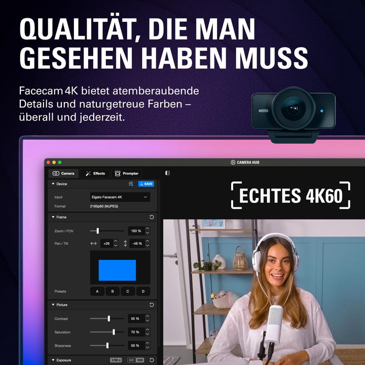 Elgato Facecam 4K - 4K60-Studio-Webcam,DSLR-vergleichbare Steuerung, cineastische Effekte, 49 mm-Obj