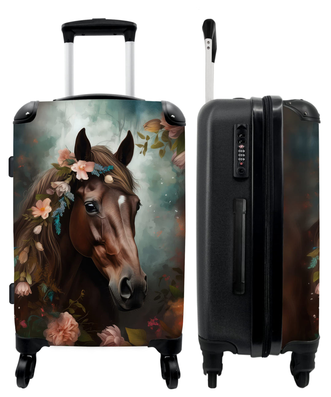 Koffer gross Trolley Rollkoffer Reisekoffer mit 4 Rollen Fotokoffer - Pferd - Natur - Blumen - Tiere