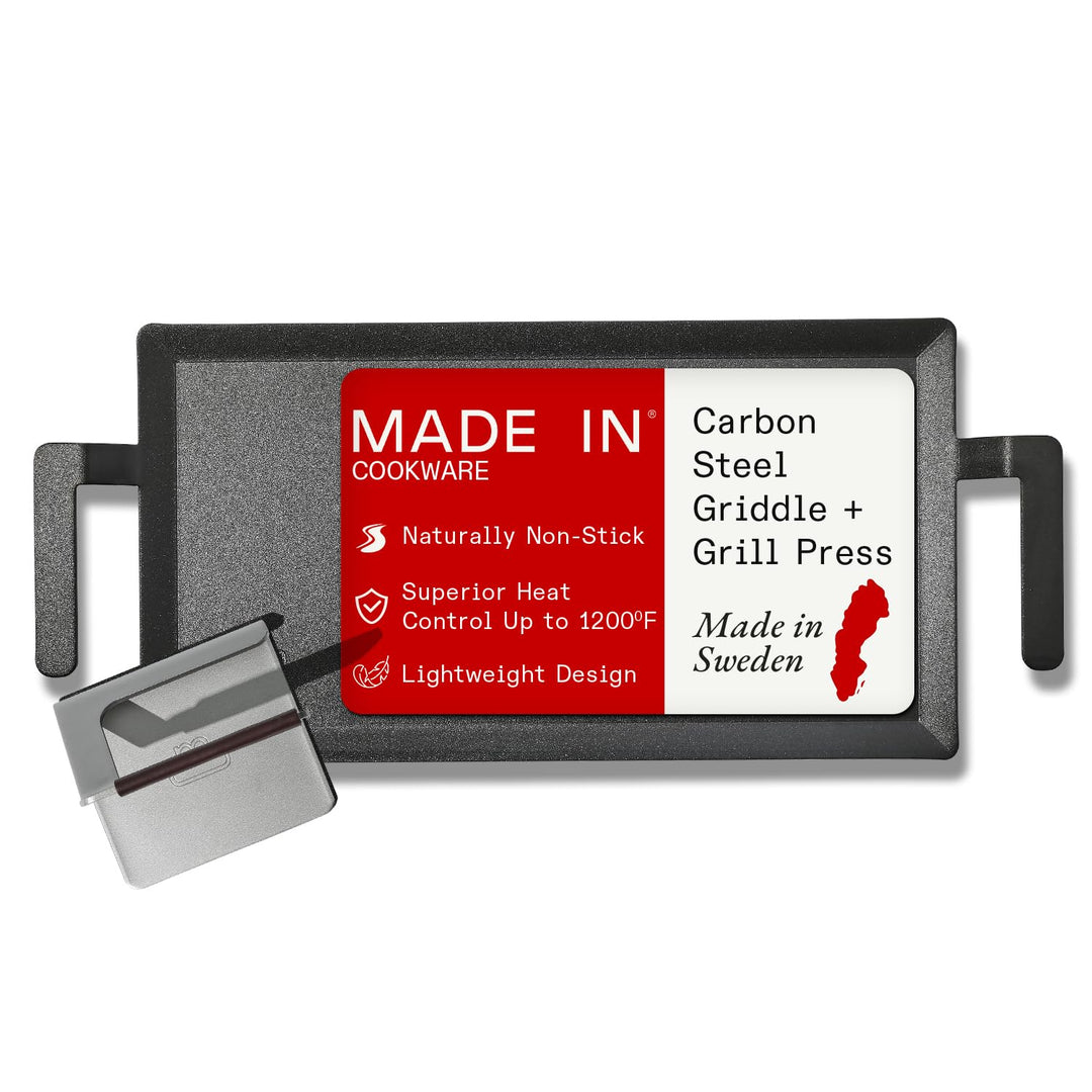 Made In Kochgeschirr – Grillplatte + Grillpresse aus Kohlenstoffstahl – (wie Gusseisen, aber besser)