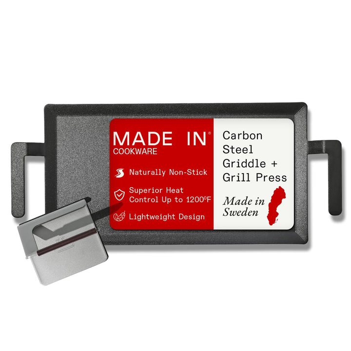 Made In Kochgeschirr – Grillplatte + Grillpresse aus Kohlenstoffstahl – (wie Gusseisen, aber besser)