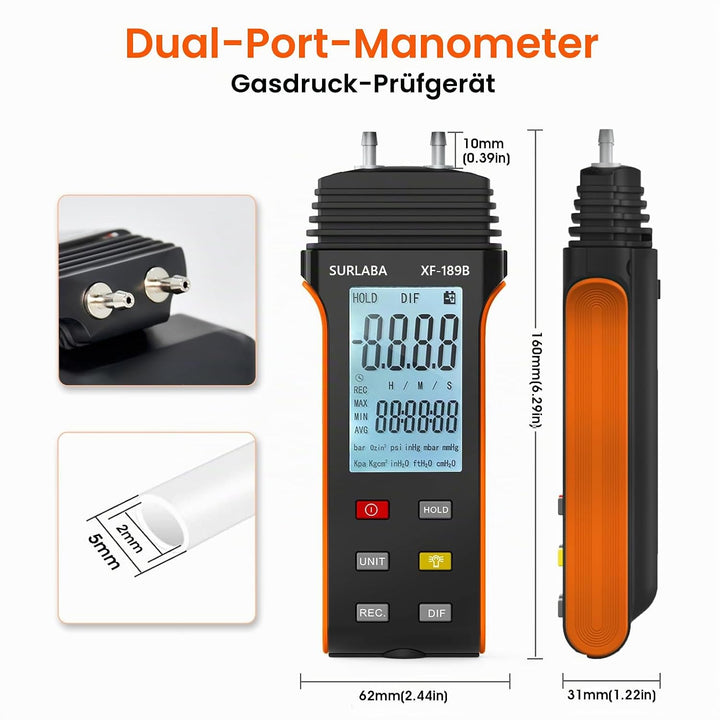 SURLABA Digitales Manometer, Differenzdruckmessgerät Messbereich 30PSI, Gasdruckmessgerät mit 11 Ein
