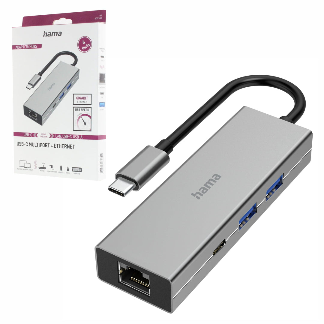 Hama USB C Hub 4 Ports (Multiport Adapter 1x LAN Gigabit Ethernet, 2X USB-A, 1x USB-C zur Übertragun