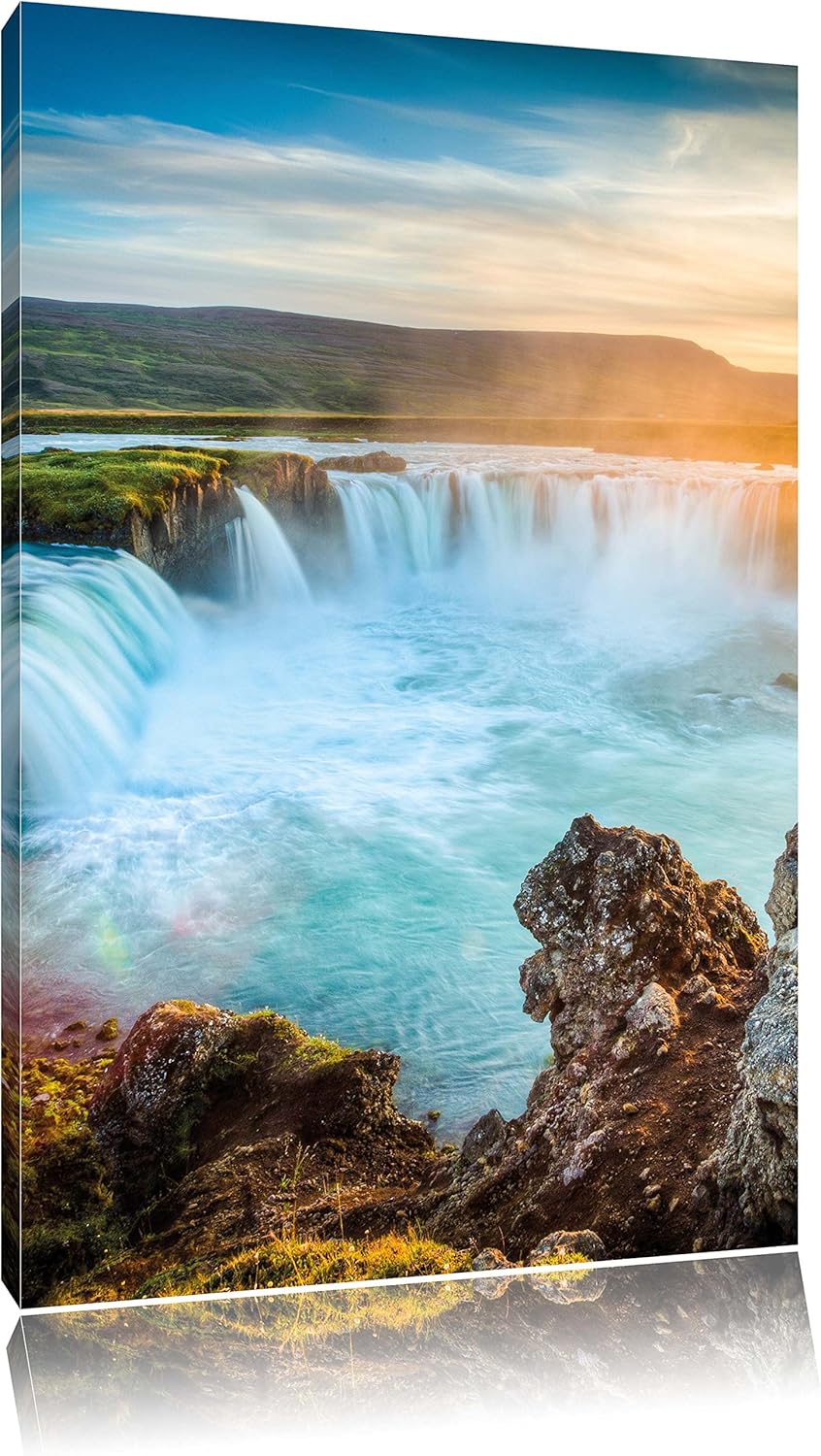Pixxprint Wasserfall im Sonnenschein als Leinwandbild/Grösse: 100x70 cm/Wandbild/Kunstdruck/fertig b