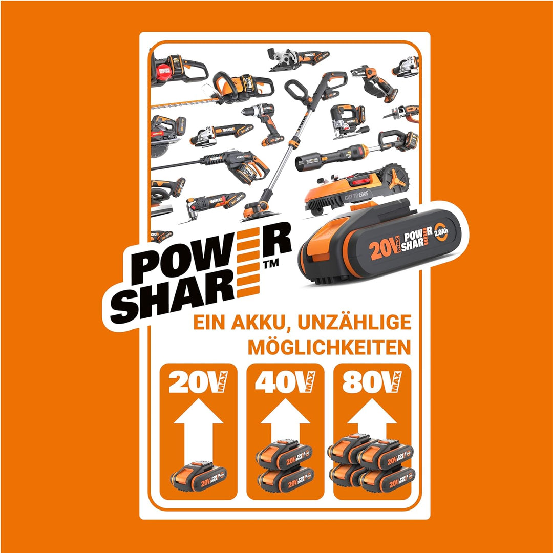 Original WORX WA3639 PowerShare Akku 20V - 2000mAh Li-Ion, wiederaufladbarer - kompakter Akku mit hö