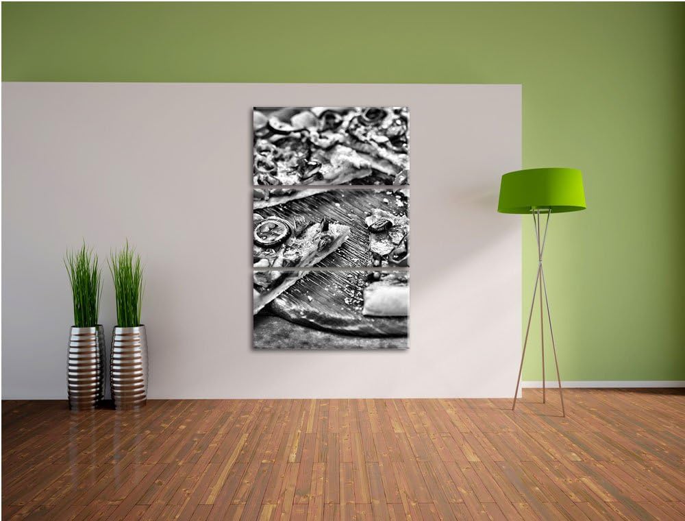Pixxprint Monocrome, Leckere Pizza auf Holztisch 3-Teiler Leinwandbild 120x80 Bild auf Leinwand