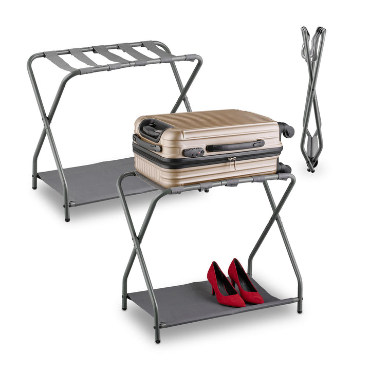 Relaxdays Kofferständer, 2er Set, klappbar, Gepäckständer mit Ablage, HBT: 58x66x38 cm, Kofferablage