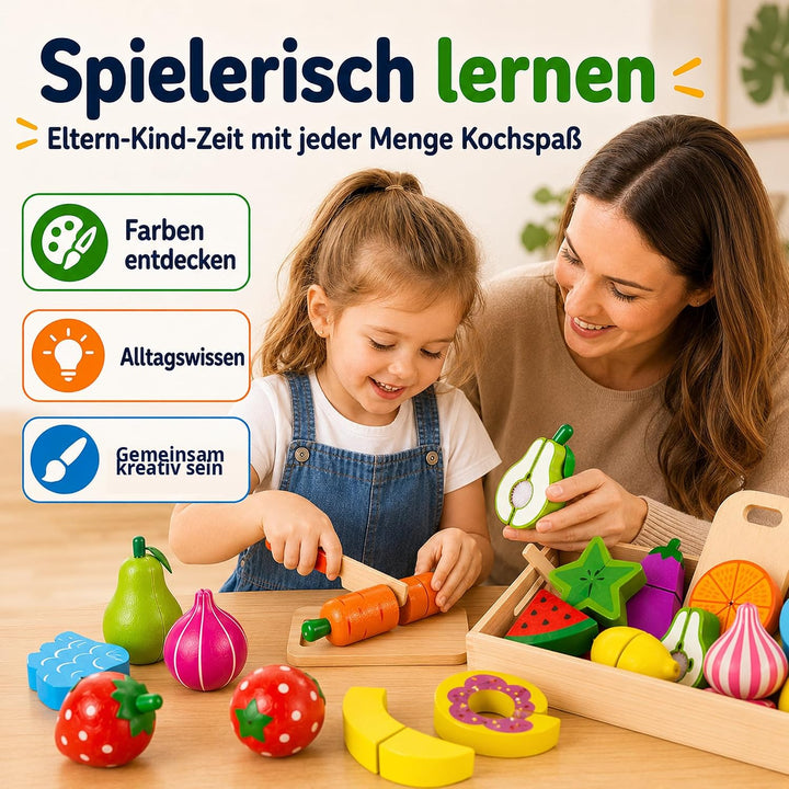 Kinder Holzspielzeug Küche – Schneideset mit Obst und Gemüse zum Zerschneiden, inkl. Schäler/Holzmes