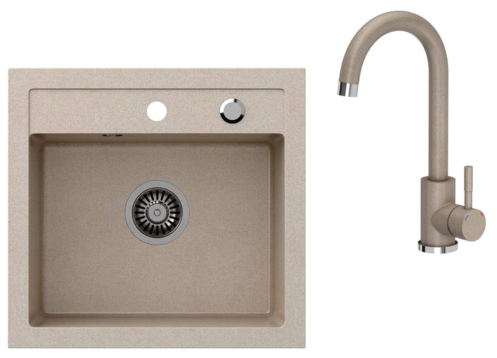 VBChome Spülbecken mit Armatur 50 x 47 cm Beige Granit Spüle Einzelbecken Küche Einbauspüle Verbunds