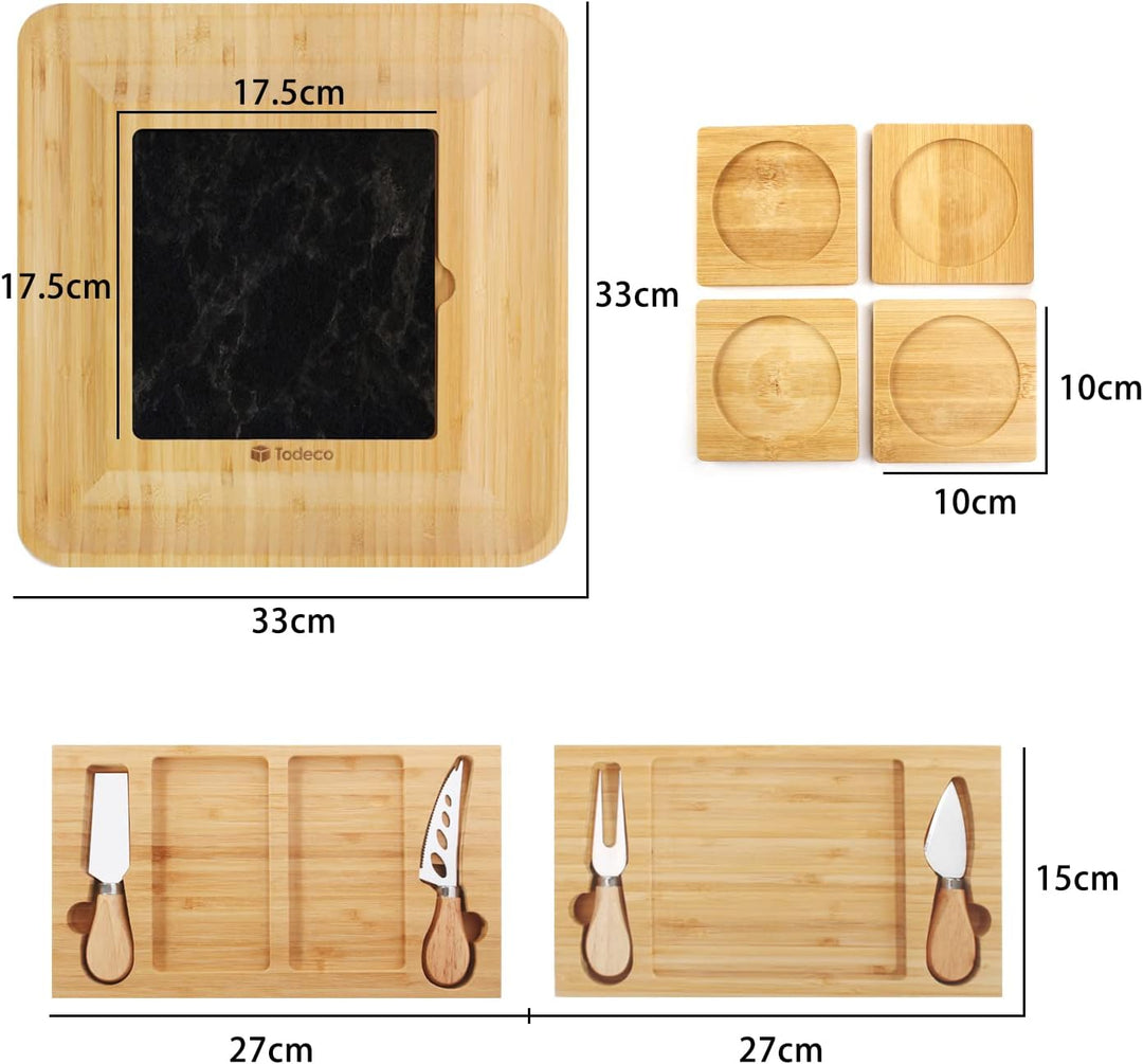 Todeco Bambus-Käsebrett mit Käsemesser Set, Charcuterie Board, mit 4 Käse-Messern, Ausziehbarer Schu