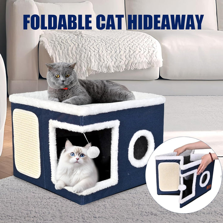Katzenbetten für Indoor-Katzen, überdachtes Katzenhöhlenbett mit Kratzunterlage und flauschigem Ball