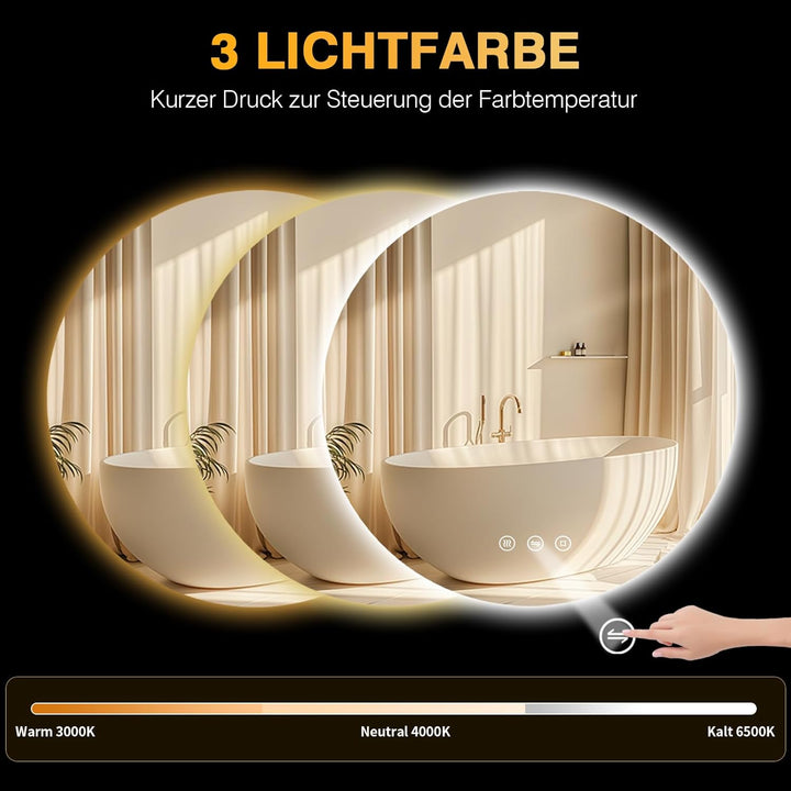 Runder Badezimmer Spiegel mit Beleuchtung, 60cm LED Bad Spiegel mit Licht, Antibeschlag, 3 Lichtfarb