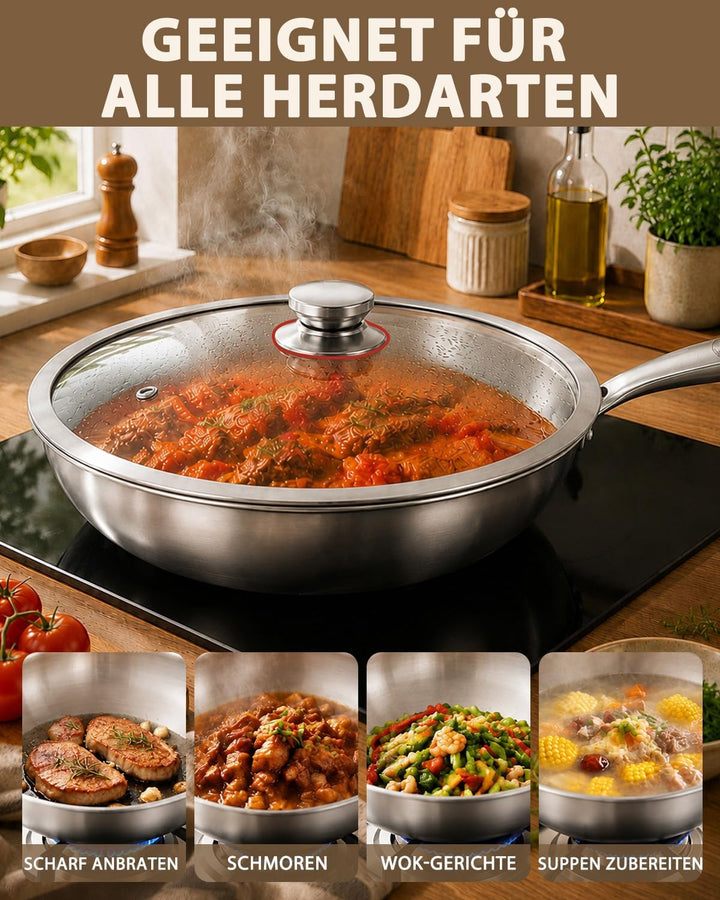 LOLYKITCH Wok 30 cm, unbeschichtete Edelstahl-Wokpfanne mit Glasdeckel | Abnehmbarer Griff | Tri-Ply