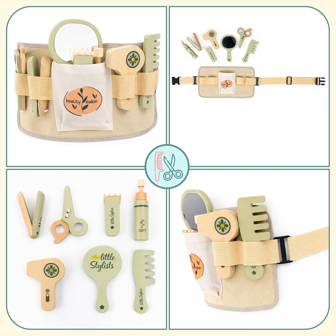 mamabrum Friseur Set Kinder Holz 8tlg Friseurkoffer mit Gürtel Zubehör Spielzeug Friseurspiel Set Ro