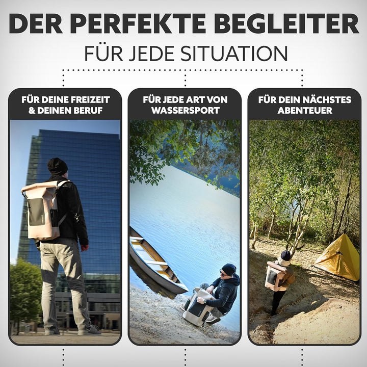 wasserdichter Rucksack tauchfähig - 100% sicher, 30-35l Volumen inkl. 17" Laptopfach und Rolltop, Ru