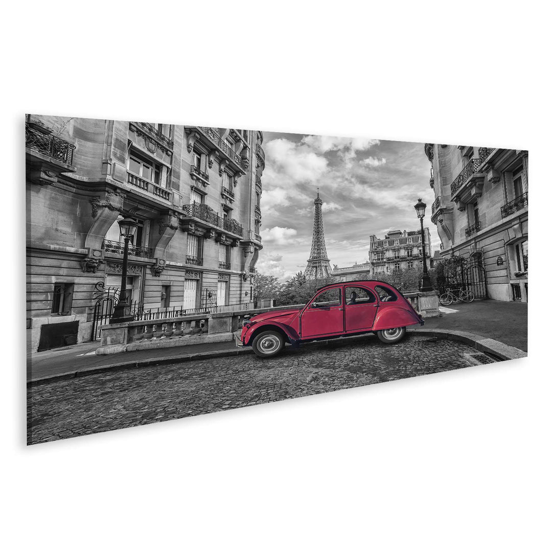 Bild Bilder auf Leinwand Eiffelturm in Paris und roter Retrowagen in schwarz-weissem Farbschlüssel W