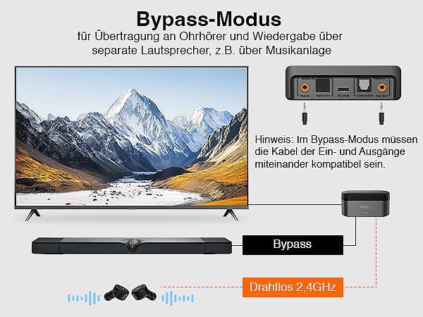 auvisio in Ear Ohrhörer: TV-Funk-Ohrhörer mit Transmitter-Ladebox, 2,4GHz, TOSLINK, AUX, Bypass (in-
