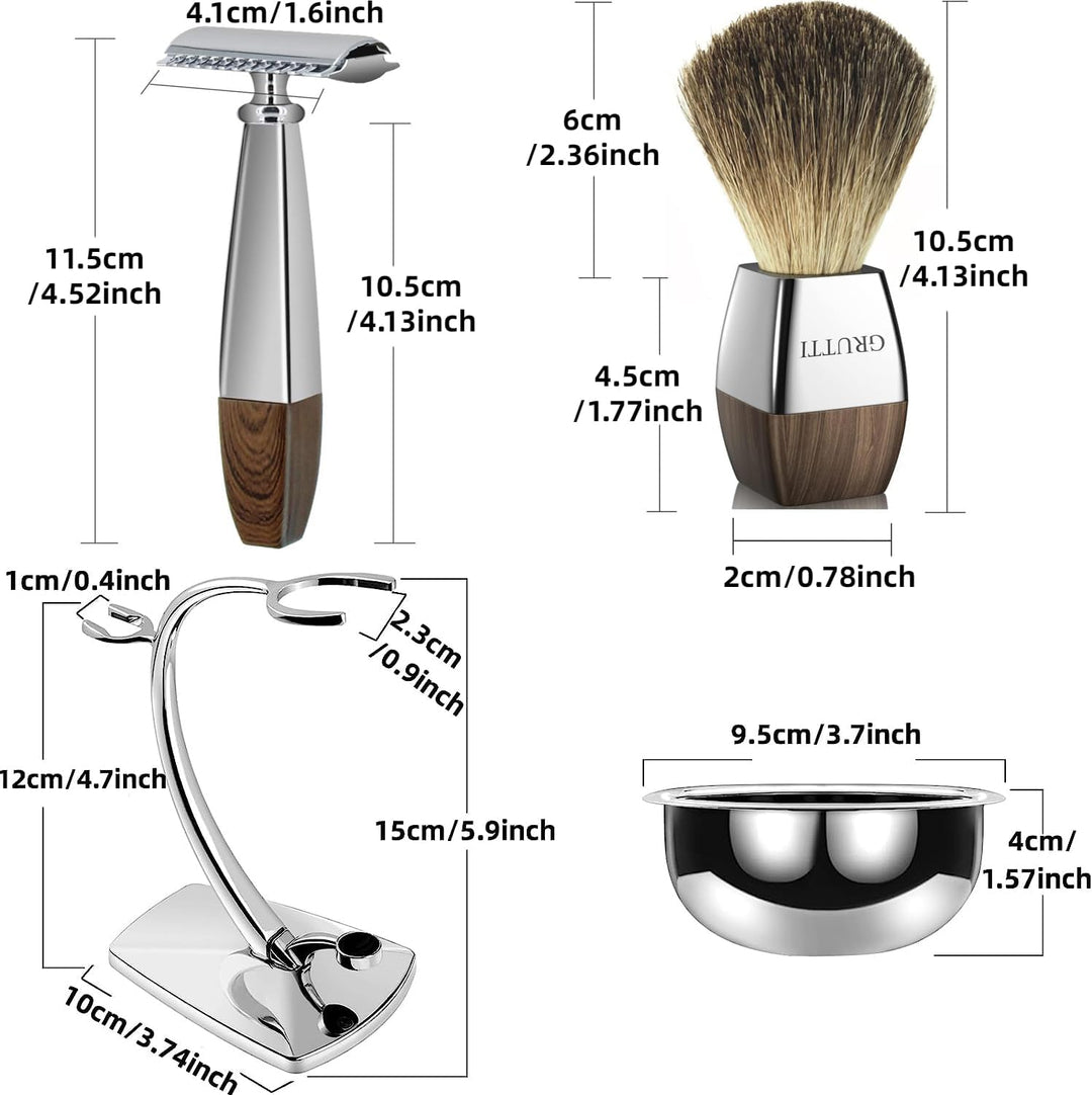 GRUTTI Vintage Deluxe Rasierset：Nassrasier-Set mit Magnet-Schale, Edelstahl Bürstenständer& Anti-Rut