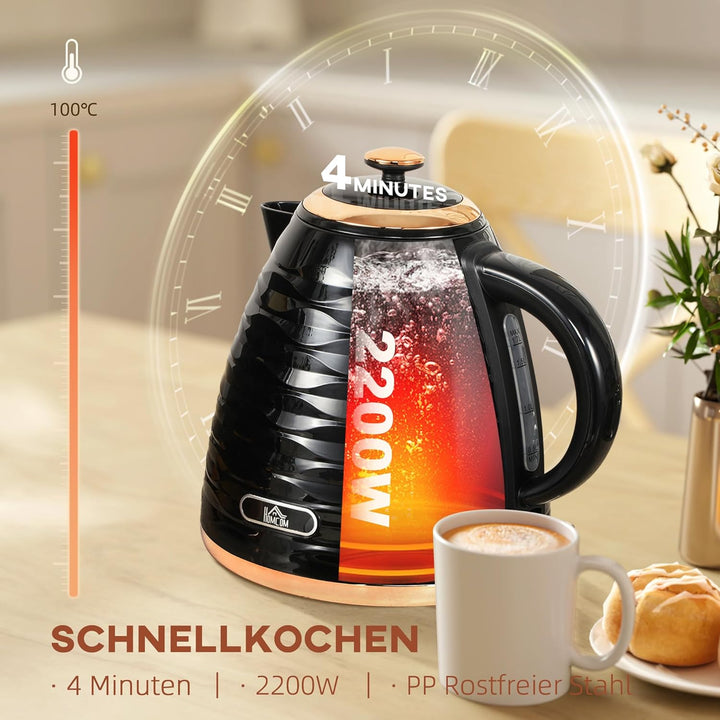 HOMCOM Wasserkocher 1,7 L, 2200W, Kabellos, Schnellkochfunktion, BPA-Frei, Elektrischer Wasserkocher