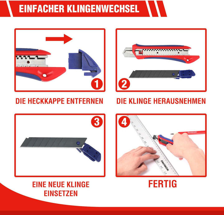 WORKPRO 5 Stück Cuttermesser Set 18mm mit 20 Ersatzklingen aus SK5, Profi Cuttermesser Abbrechklinge